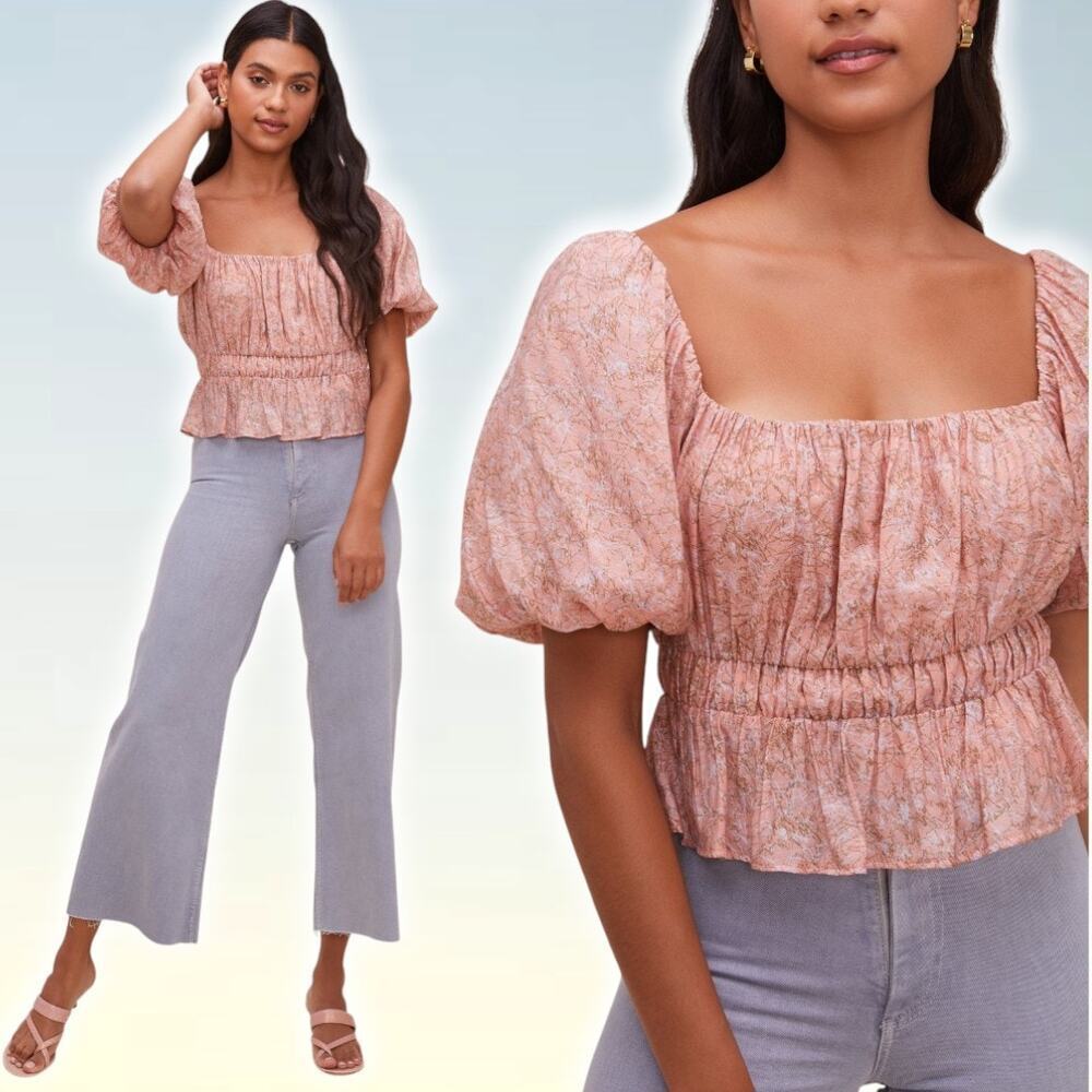 ASTR The Label Theron Bubble Sleeve Peplum Top Sz Small Pink Taupe Floral